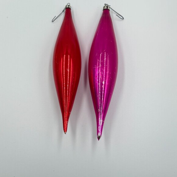 2 Vtg Poland Mercury Glass Teardrop Icicle Christmas Ornaments 8.5" Fuschia Red - Picture 2 of 15